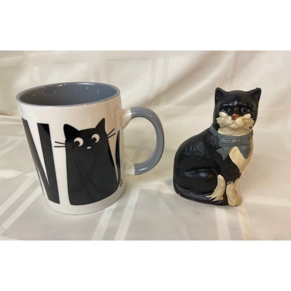 Tuxedo Cat Resin Figurine with Gray Bow & Meow Black Cat Ceramic Coffee Mug Set